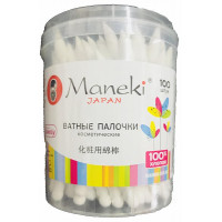 Maneki Палочки ватные косметич. "Maneki" Lovely, с белым пластик. стиком, в пластик. стакане, 100 шт