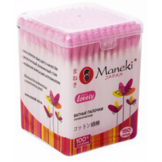 Maneki Палочки ватные гигиен. "Maneki" Lovely, с розов. бумаж. стиком, в пластиковой коробке, 150 шт