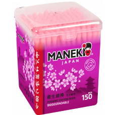 Палочки ватные гигиен. "MANEKI" (серия Sakura) с розовым бум. стиком, в пласт. коробке, 150 шт./уп.